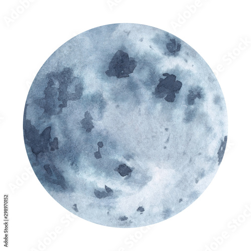 Full moon watercolor hand painted abstract planet illustration isolated on white background. Symbol of Earth natural cycle, new beginning, renewal, mindfulness, magic. 