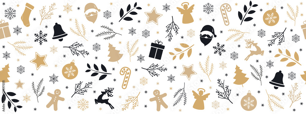 Christmas icon elements golden black border pattern isolated white background. - obrazy, fototapety, plakaty 