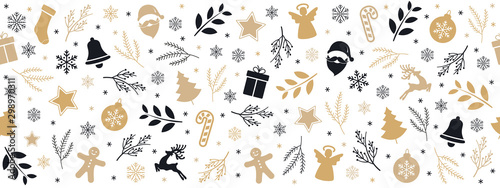 Christmas icon elements golden black border pattern isolated white background.