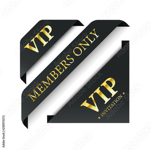 Vip label, badge or tag. Vector black banner with gold vip text. Vector illustration