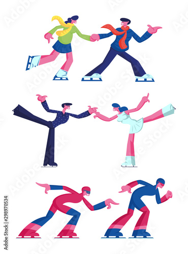 Set of Figure and Speed Ice Skating Sports and Leisure Activity Isolated on White Background. Winter Season Sport Recreation, Olympic Games Team on Ice Rink. Cartoon Flat Vector Illustration, Clip Art
