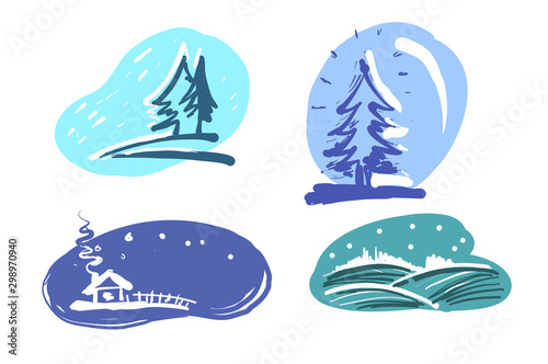 Winter landscape set with a house  forest  christmas tree and snowfall. Vector Illustration