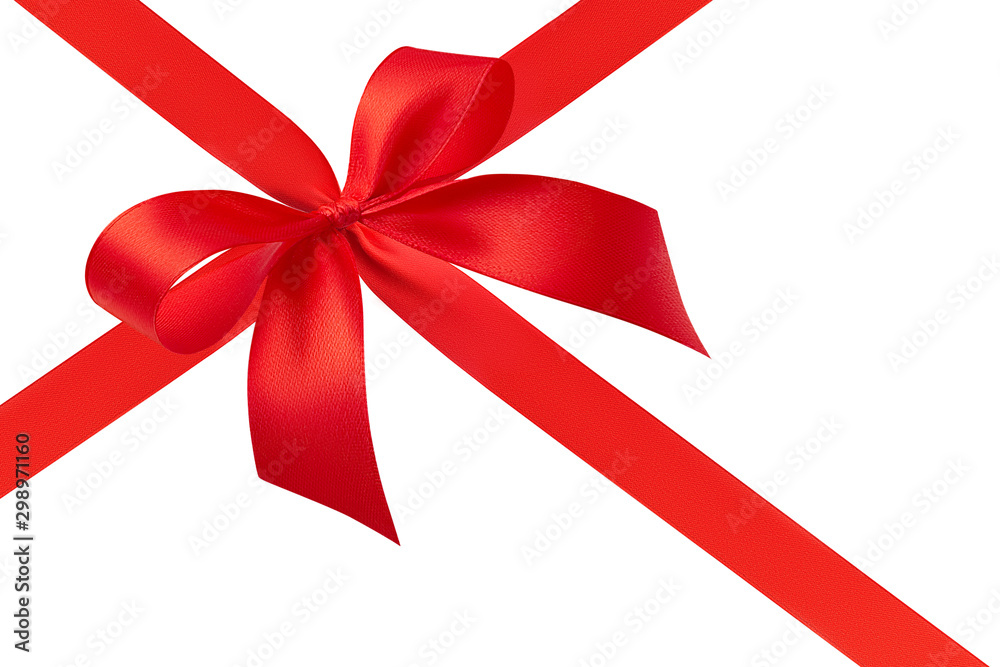 Side view of a stunning chic simple handmade luxury bow with two loops and a red bright shiny silk gift ribbon tied with a cross isolated on a white background. Side view of a stunning chic simple handmade luxury bow with two loops and a red bright shiny silk gift ribbon tied with a cross isolated on a white background.