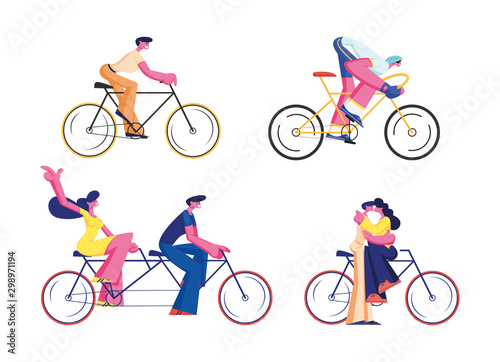 Bike Riders Set Isolated on White Background. Cyclist Sportsman in Sportswear Racing, People Driving Tandem Bicycle, Couple Kissing on Cycle. Eco Transport Cartoon Flat Vector Illustration, Clip Art