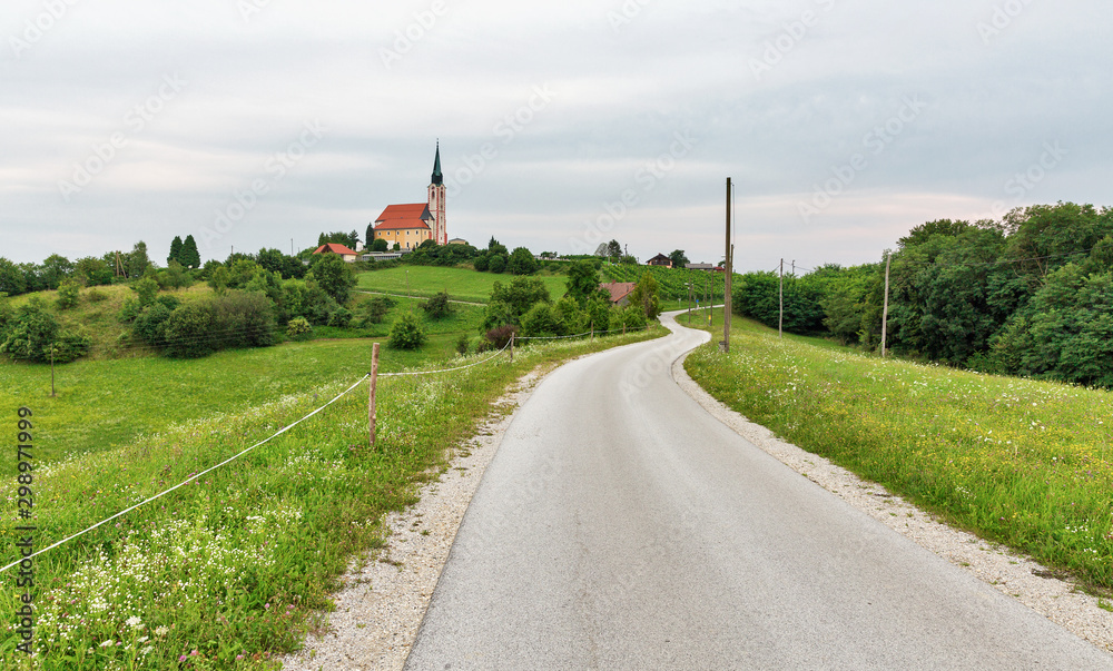 Summer landscape with Church of St. Peter near Maribor, Slovenia.