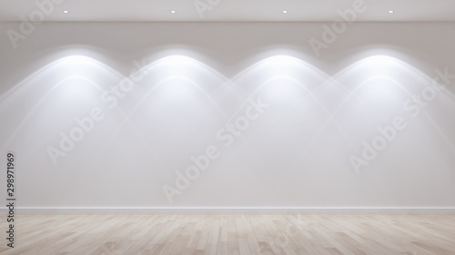 Idea of a white empty scandinavian room interior illustration 3D rendering with wooden floor and large wall and white. Background interior. Home nordic photo