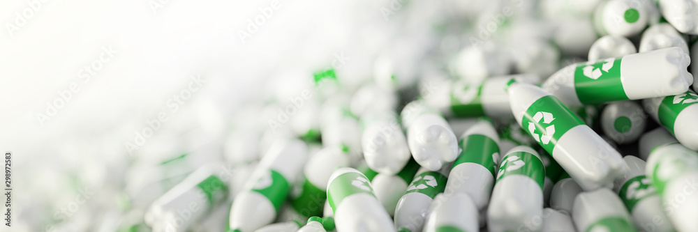 Infinite plastic bottles with recycle icon; original 3d rendering - obrazy, fototapety, plakaty 