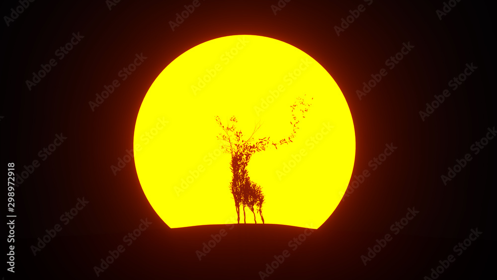 Silhouette of growing tree in a shape of a deer. Eco Concept. 3D rendering.