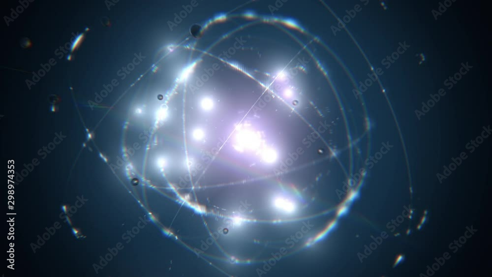 seamlessly looping blue atom concept animation shining glowing proton neutron nucleus, visualization of atom space physics of centric gravity as classic idea of electrons orbiting as ordered particles