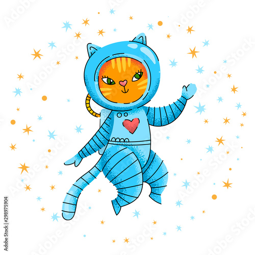  Redy kitten astronaut among stars.