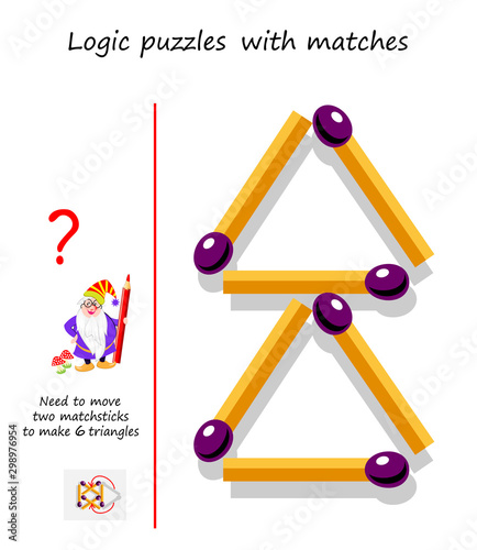 Logical puzzle game with matches. Need to move 2 matchsticks to make 6 triangles. Printable page for brain teaser book. IQ training test. Developing spatial thinking skills. Vector image.
