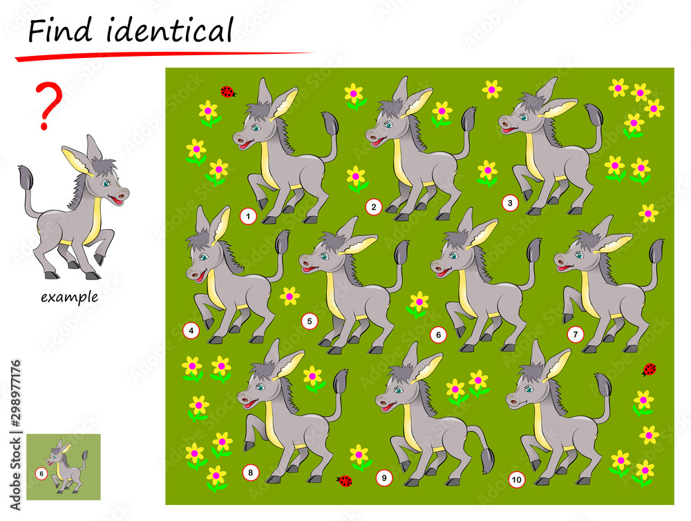 Logical Puzzle Game Children Adults Need Find Donkey Identical