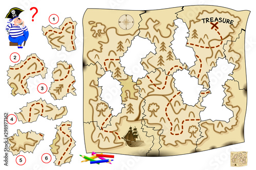 Logic puzzle game for children and adults. Help the pirate restore old map and find treasure. Find the correct place for each piece of paper and draw them. Printable page for kids brain teaser book.