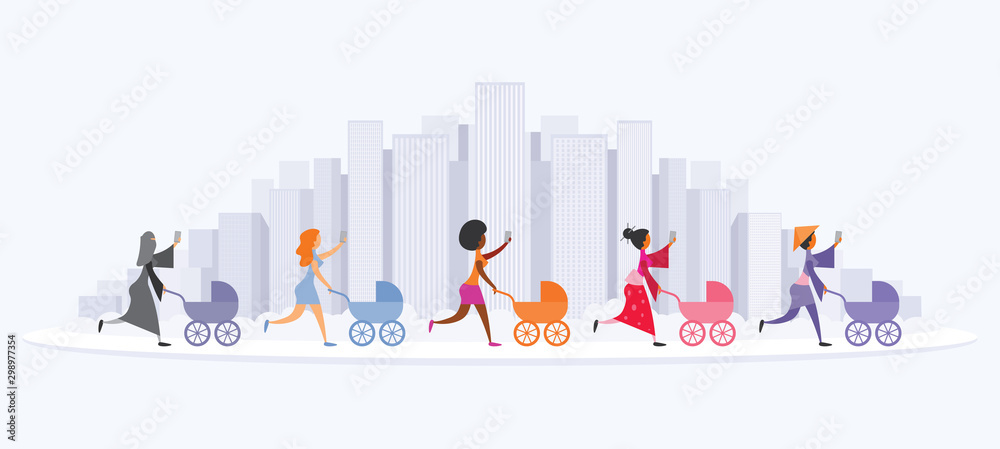 Obraz premium Five young women are walking with their prams and taking selfies. Modern City Skyline.