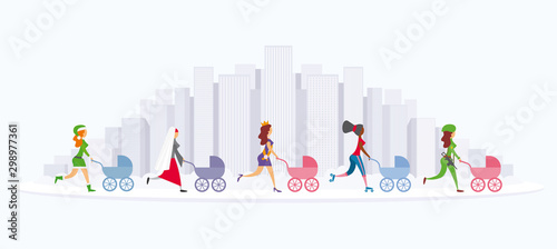 Five young women are walking with their prams. Modern City Skyline.