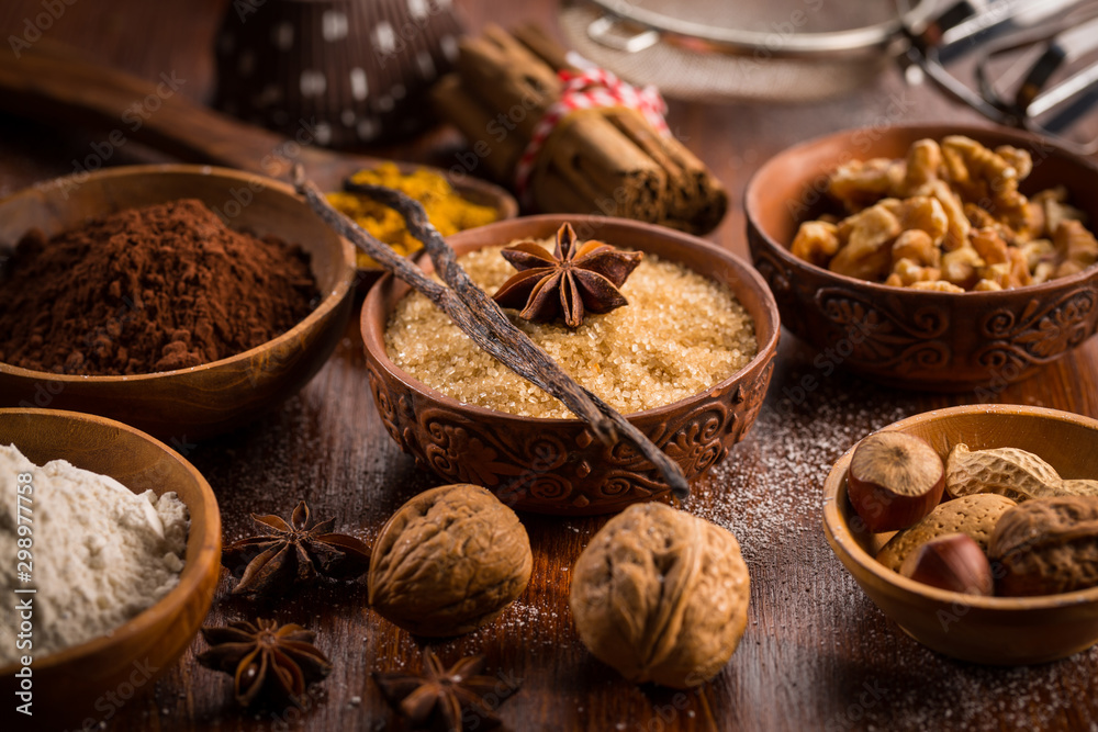 Christmas baking ingredient and spices - obrazy, fototapety, plakaty 