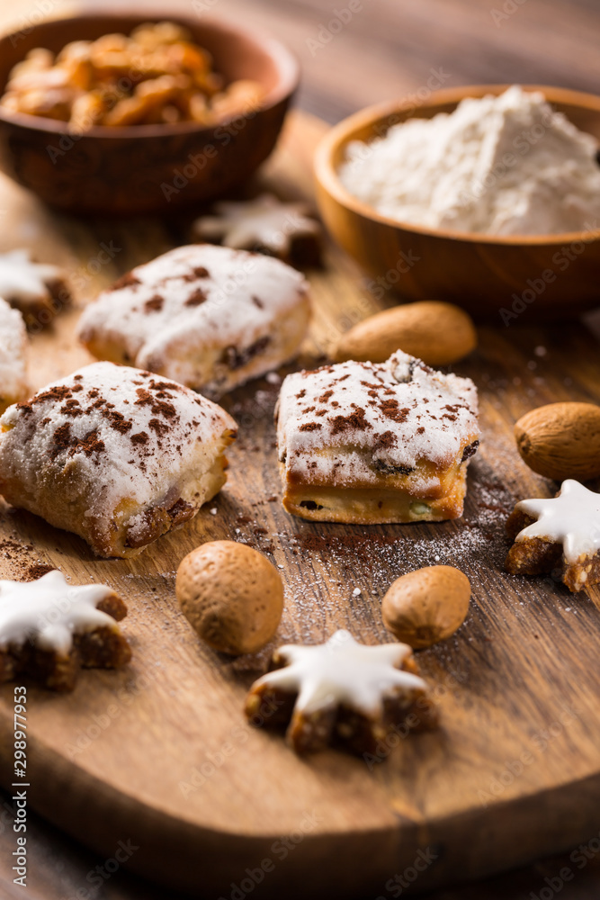 Delicious marzipan cookies for Christmas with baking ingredients Delicious marzipan cookies for Christmas with baking ingredients