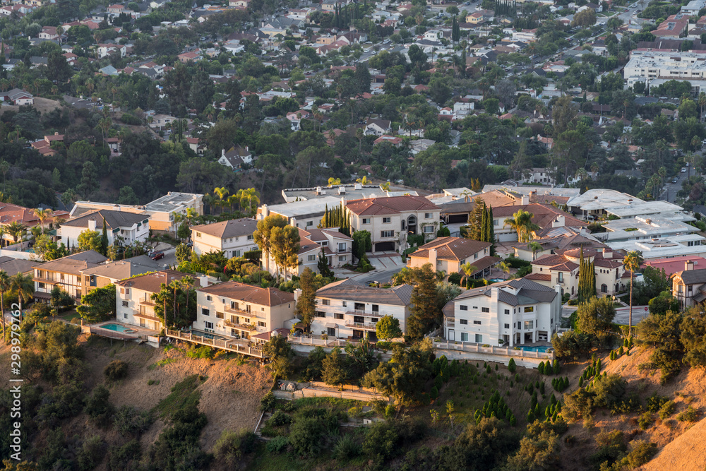 Early morning view of hilltop homes near Los Angeles and Burbank in Glendale, California.