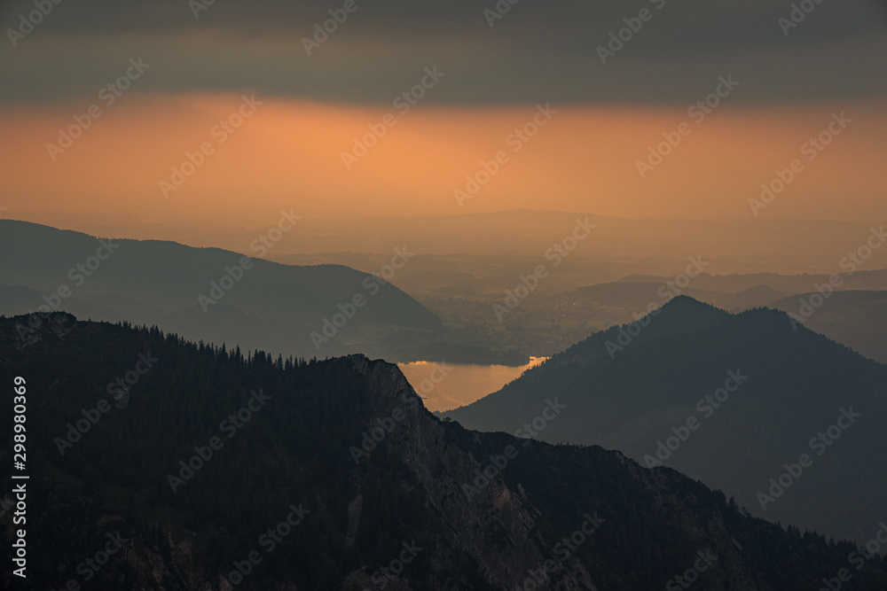 Sunset View in the austrian alps during summer on top of the mountains