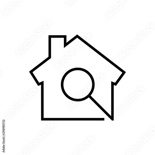 Símbolo buscar casa en agencia inmobiliaria. Icono plano lineal casa con lupa en color negro