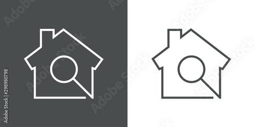 Símbolo buscar casa en agencia inmobiliaria. Icono plano lineal casa con lupa en fondo gris y fondo blanco