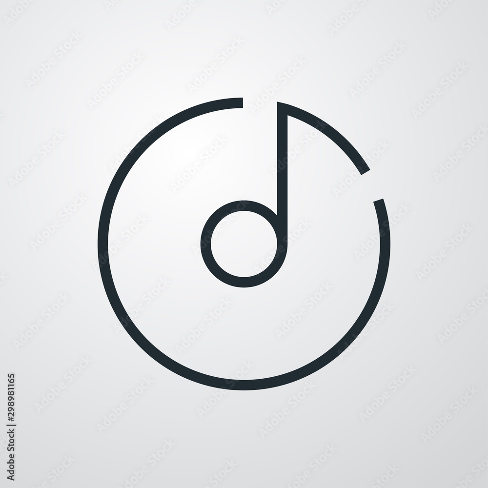 Símbolo disco de vinilo. Icono plano lineal nota musical en círculo en fondo gris Símbolo disco de vinilo. Icono plano lineal nota musical en círculo en fondo gris