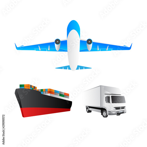 Logistics concept illustration, airplane, truck, train and cargo container ship.