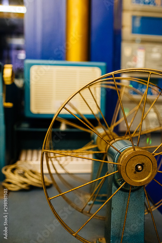 Detail of the vintage French machine used in projection booth of a movie theater