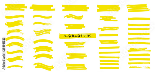Yellow Highlighters Marker Strokes. Vector brushes lines. Marker color stroke. Yellow watercolor hand drawn highlight set. Brush pen underline lines.  Vector collection