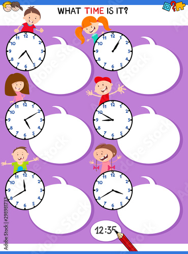 telling time educational task with kid characters