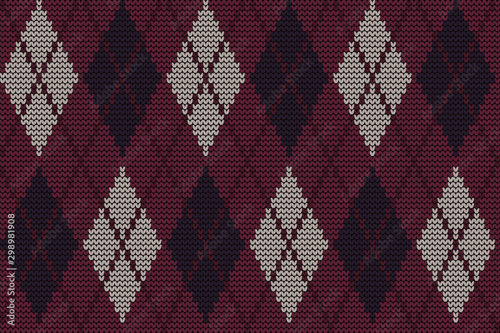 Argyle print. Seamless knitted pattern with rhombuses. Checkered background in burgundy, beige and dark blue colors. Vector illustration