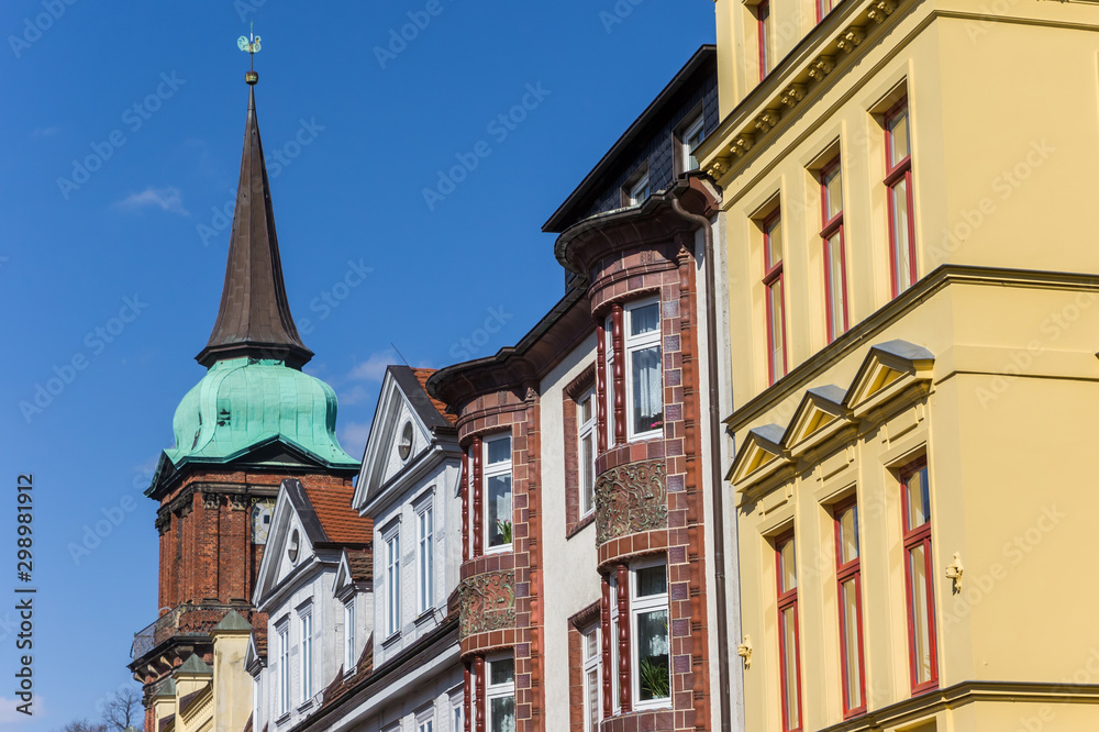 Colorful houses and church tower in Schwerin, Germany