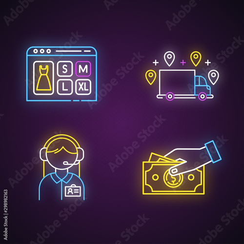 Digital commerce neon light icons set. Online shopping. Ordering delivery and payment by cash. Customer service assistance. Online store application. Glowing signs. Vector isolated illustrations
