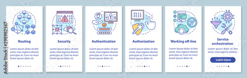 Mobile software development onboarding mobile app page screen with linear concepts. Service orchestration walkthrough steps graphic instructions. UX, UI, GUI vector template with illustrations