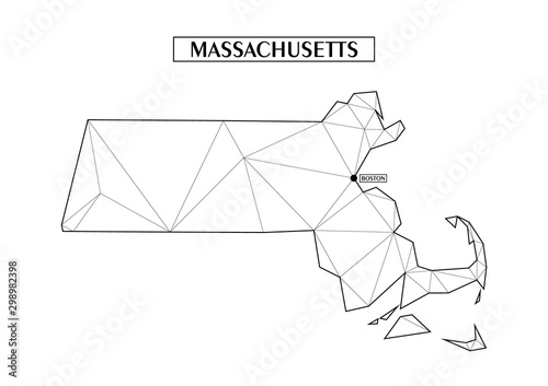 Polygonal abstract map state of Massachusetts with connected triangular shapes formed from lines. Capital of state - Boston. Good poster for wall in your home. Decoration for room walls.