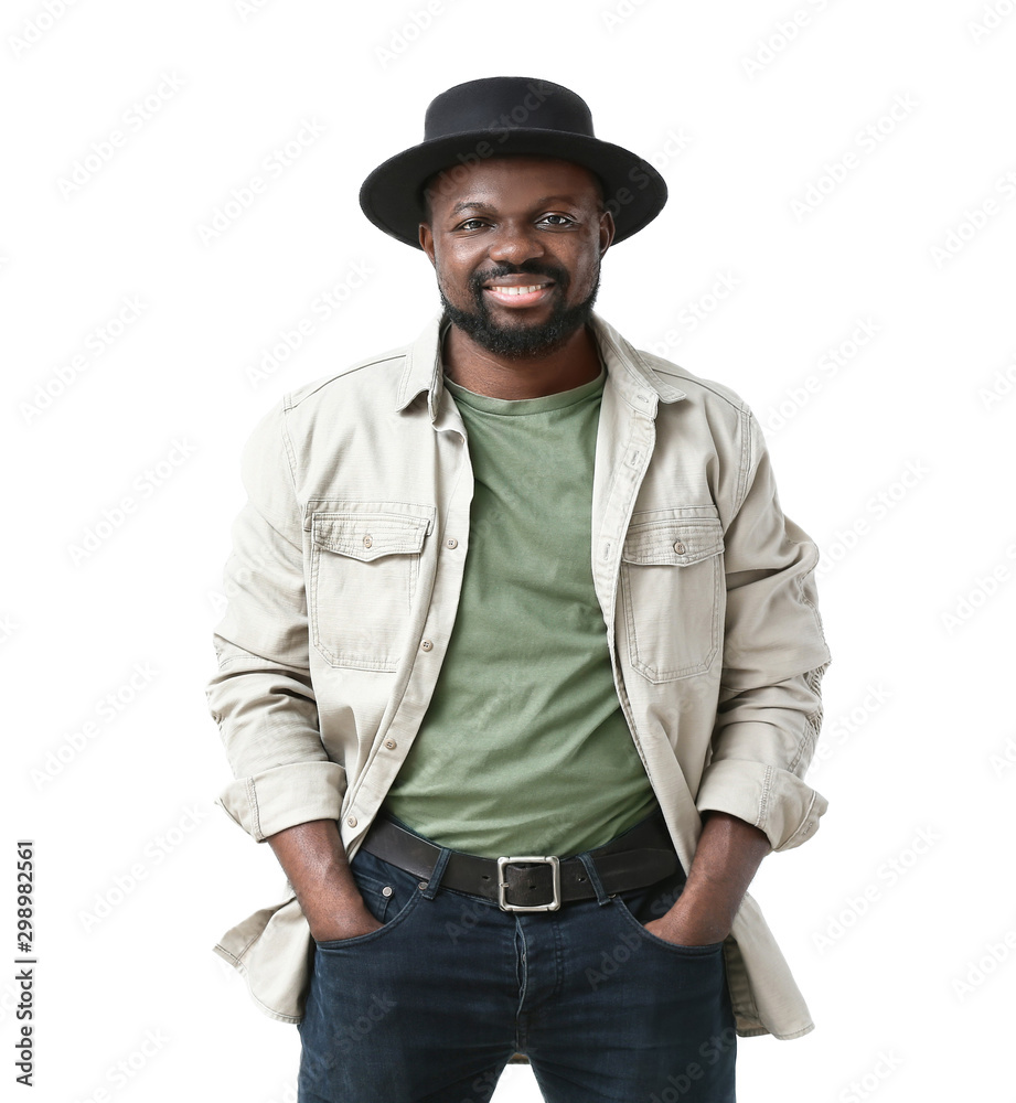 Portrait of happy African-American man on white background Portrait of happy African-American man on white background