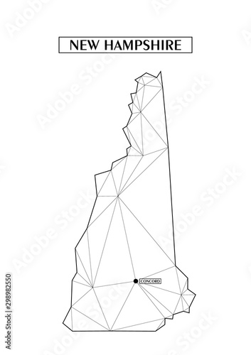 Polygonal abstract map state of New Hampshire with connected triangular shapes formed from lines. Capital of state - Concord. Good poster for wall in your home. Decoration for room walls.
