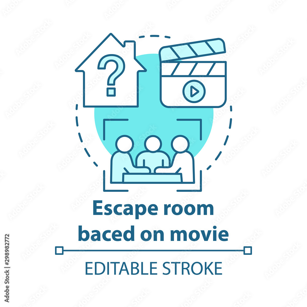 Escape room based on movies concept icon. Film theme quest idea thin line illustration. Strategy teamwork game. Team solving problem. Vector isolated outline drawing. Editable stroke
