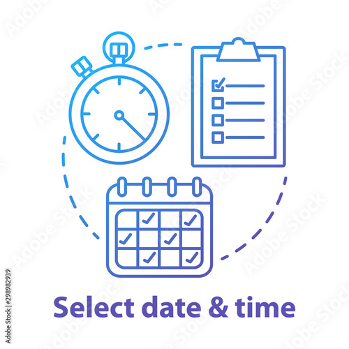 Select date and time blue concept icon. Choose day and hour thin line illustration. Making reservation, booking.Time management and scheduling. Calendar and stopwatch. Vector isolated outline drawing