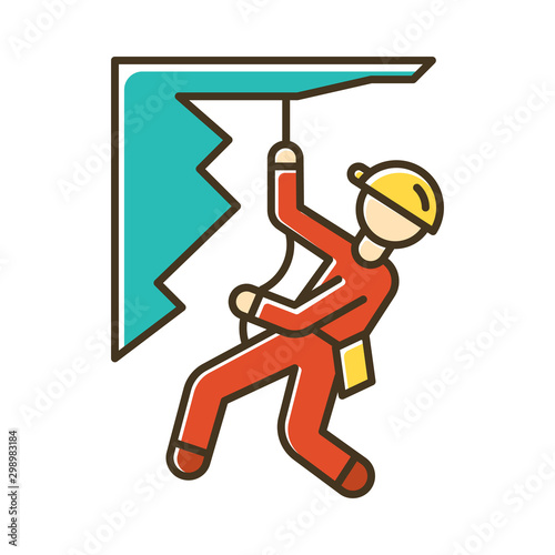 Mountain climbing color icon. Alpinism, mountaineering. Abseiling, rappelling descend. Caving, spelunking. Person descending off cliff face. Mountaineer sliding down rope. Isolated vector illustration