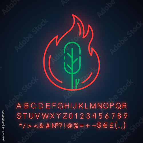 Wildfire neon light icon. Burning tree. Natural disaster. Ecological problem. Human negligence, arson in forest. Glowing sign with alphabet, numbers and symbols. Vector isolated illustration