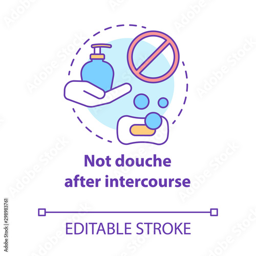 Not douche after intercourse concept icon. Safe sex. Healthy intimate relationship. Female healthcare. Male sexlife idea thin line illustration. Vector isolated outline drawing. Editable stroke