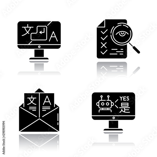 Translation services drop shadow black glyph icons set. Proofreading. Multilingual chatbot. Email translation.Instant translator desktop app. Isolated vector illustrations