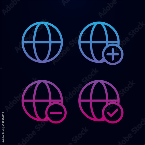 Globe  plus  check  minus sign nolan icon. Simple thin line  outline vector of web icons for ui and ux  website or mobile application