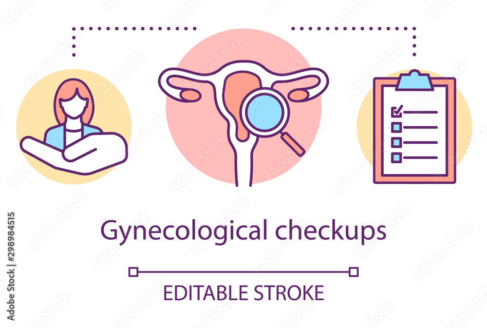 Obraz premium Gynecological checkups concept icon. Medical screening idea thin line illustration. Female reproductive system exam. Women health. Doctor equipment. Vector isolated outline drawing. Editable stroke