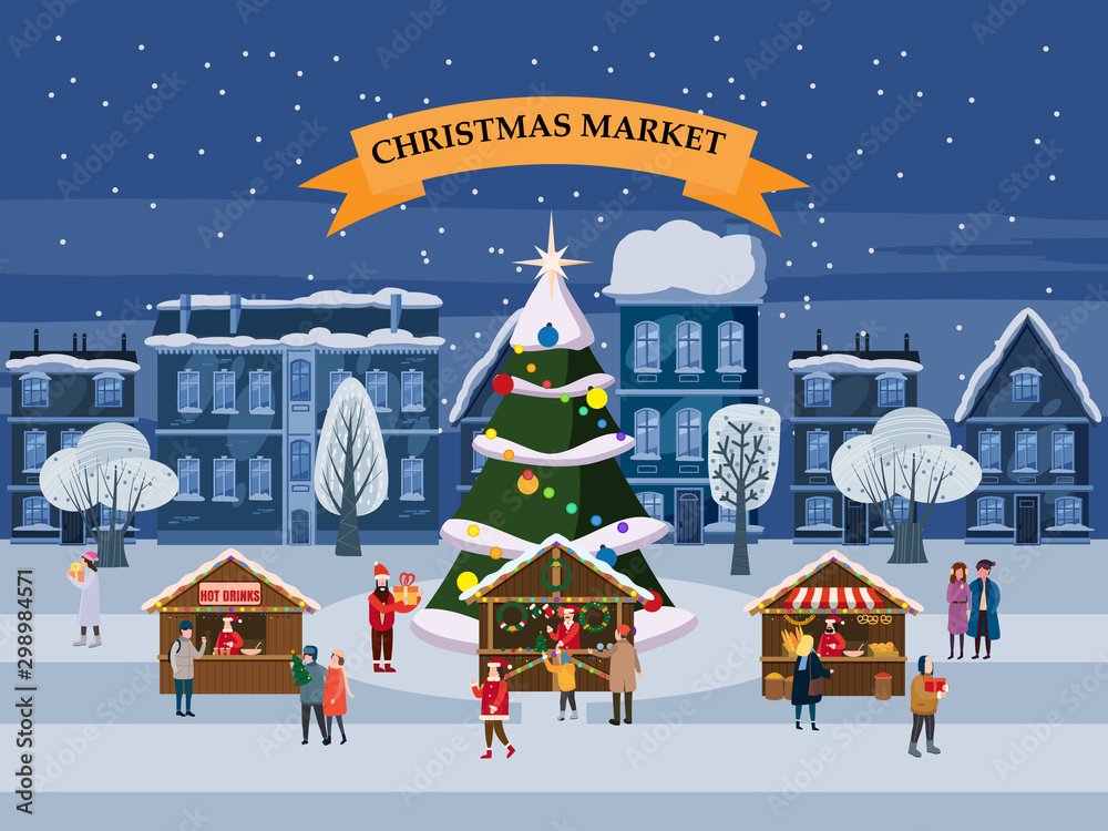 Christmas village, winter town, souvenirs market stalls with decorations souvenirs and bakery