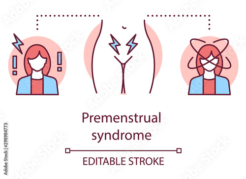 Premenstrual syndrome concept icon. Menstrual cycle idea thin line illustration. Pms, pain, women healthcare. Female reproductive system. Vector isolated outline drawing. Editable stroke photo