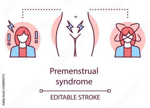 Premenstrual syndrome concept icon. Menstrual cycle idea thin line illustration. Pms, pain, women healthcare. Female reproductive system. Vector isolated outline drawing. Editable stroke