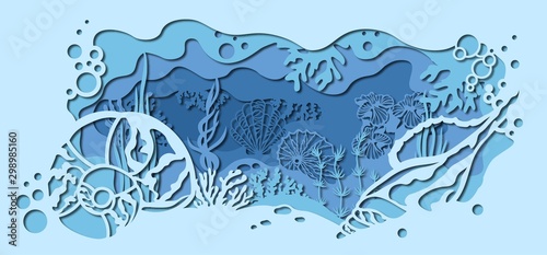 template for making a lamp or postcard. vector image for laser cutting and plotter printing. fauna with marine animals and seashell