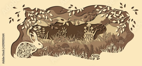 Rabbit. Template hare in a clearing for laser cutting out of paper. Line with mushrooms, grass, and butterflies, wood and flowers. For decoration and design. Template for laser cutting and Plotter. 